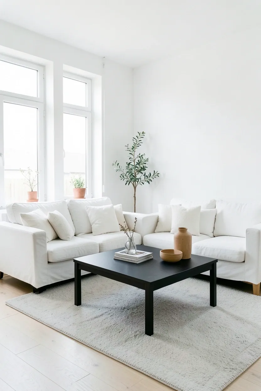 Scandinavian-inspired black and white living room with light oak accents, white linen sofa, and soft natural light creating a cozy minimal look