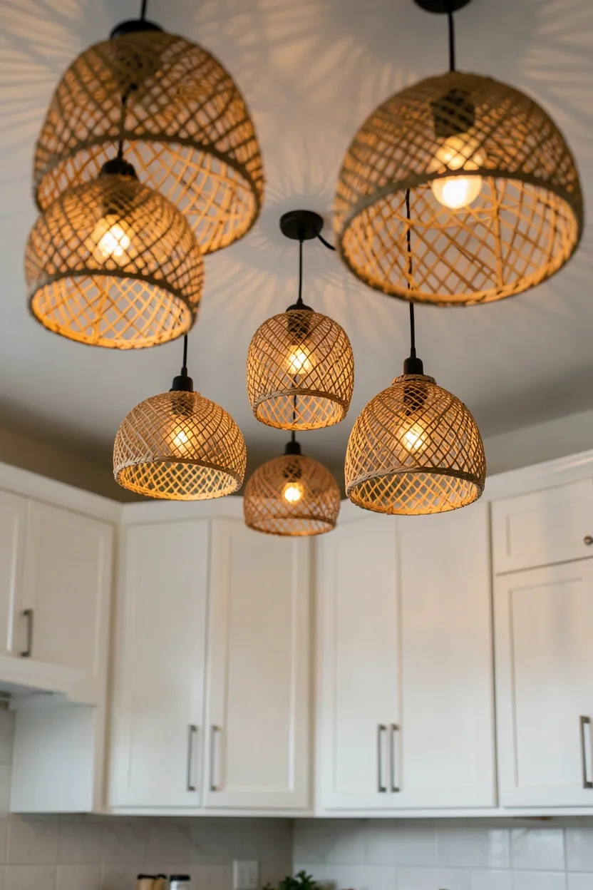 Rattan woven pendant lights hanging over a kitchen island, casting warm shadows in a modern boho kitchen with earthy tones