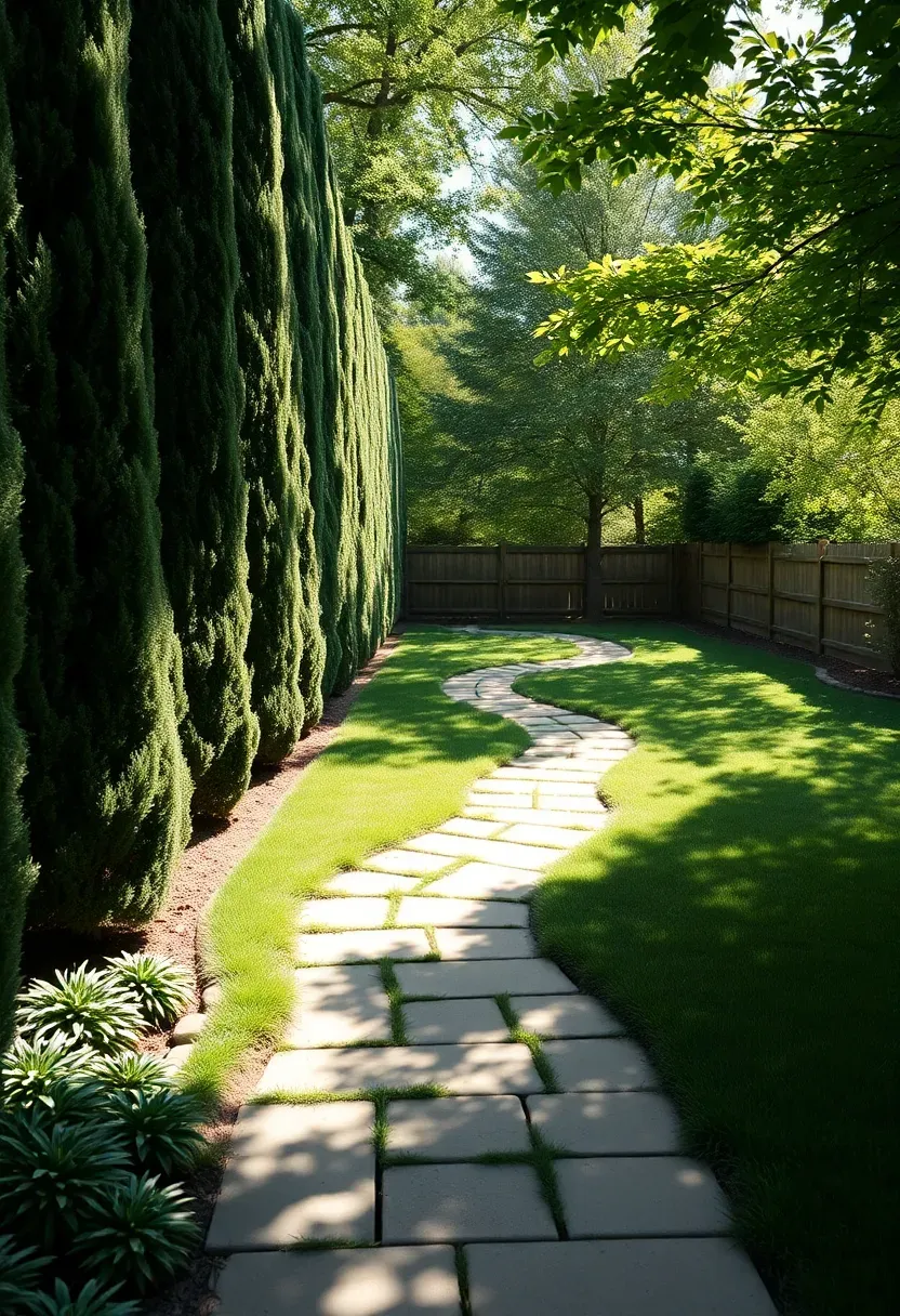 Row of tall columnar trees forming a natural hedge casting shade across a backyard lawn and garden path