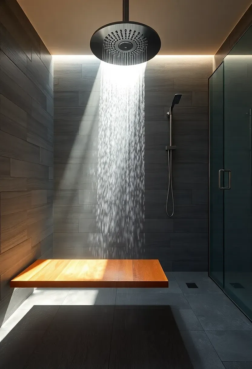 Teak wood shower bench in a walk-in shower with gray stone tile walls and rainfall showerhead above