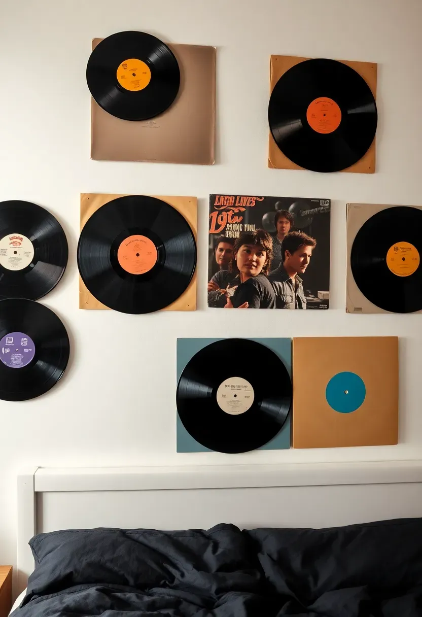 vinyl records mounted on dorm wall in a staggered grid pattern as wall art