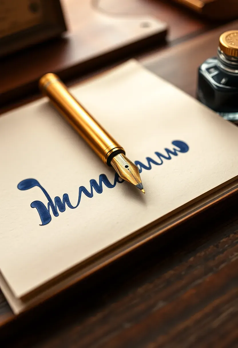 Vintage-style fountain pen with brass barrel and fine nib resting on a handwritten letter with dark blue ink