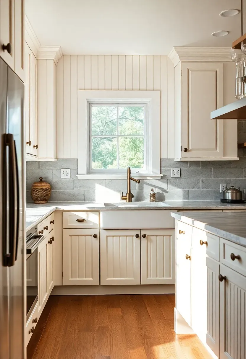 Hyper-realistic 3/4 view of a neutral kitchen with warm white beadboard cabinets throughout. Materials: warm white painted beadboard cabinetry with vertical groove detail, honed marble countertops, warm gray ceramic tile backsplash, oil-rubbed bronze hardware, warm oak flooring. Natural light from window, casting shadows on beadboard texture. Visible island with beadboard base and cream barstoles with bronze nailheads. Cottage warm mood. Shallow depth of field showing beadboard texture, sharp details on vertical grooves. No text, no logos, no watermarks.</p>