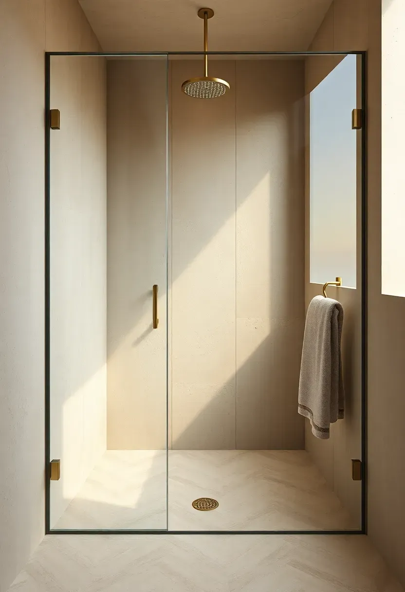 Seamless concrete microcement shower walls and floor in warm beige with linear drain and frameless glass