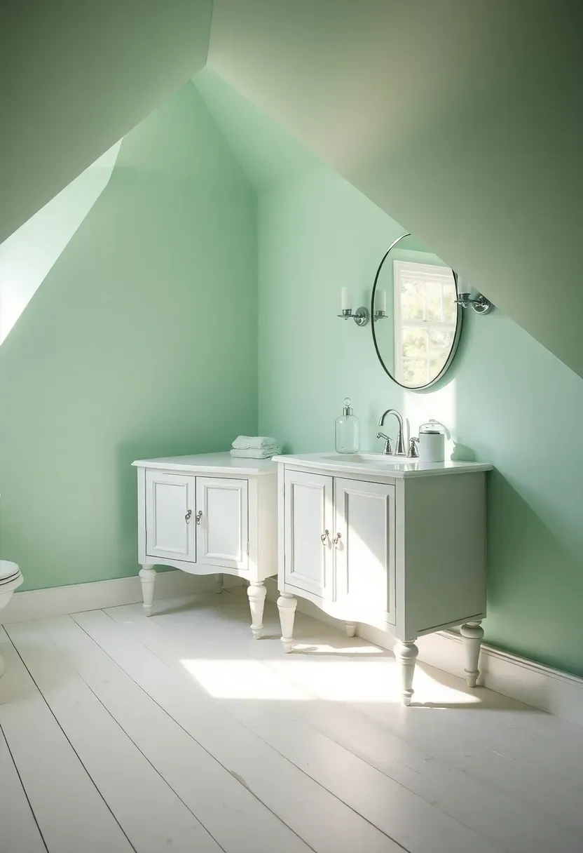 Vintage-style attic bathroom with mint green painted sloped walls, white painted wood floor, turned-leg vanity in white, oval chrome mirror, and glass apothecary jar on the counter