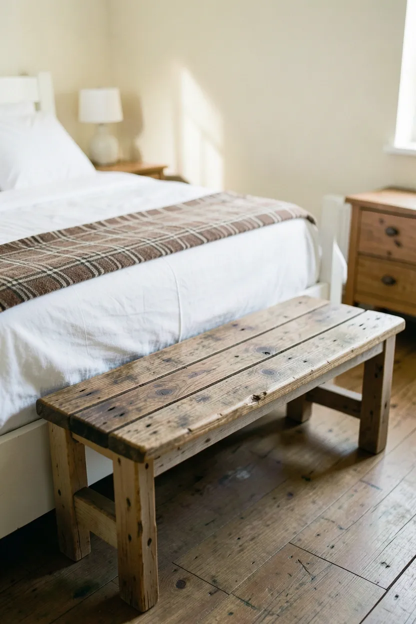 Hyper-realistic eye-level photograph of reclaimed wood bench positioned at foot of rustic white bed frame. Weathered planks in varying brown tones with visible grain and knots, simple sturdy construction, white bedding with brown plaid throw, two wooden nightstands, cream walls. Materials: reclaimed oak and pine planks, white cotton bedding with plaid throw, pine furniture. Natural morning light, authentic rustic atmosphere. Shallow depth of field, sharp details on bench wood texture and aging, balanced composition showing bench and bed. No text, no logos, no watermarks.</p>