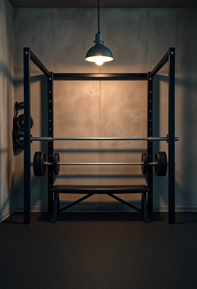 Garage gym with foldable squat rack against a concrete wall, rubber flooring, and barbell stored vertically