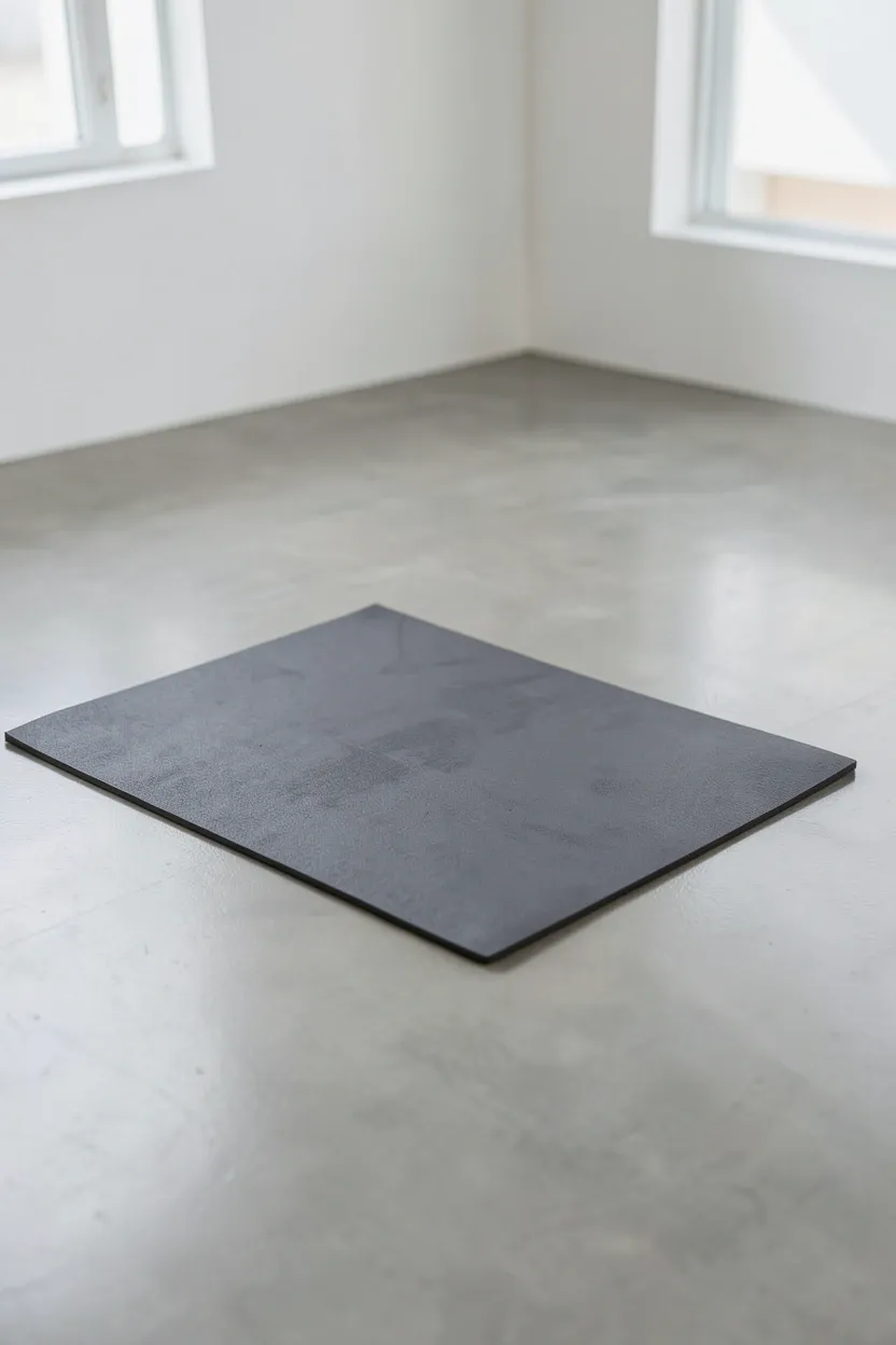 Premium charcoal yoga mat with textured grip surface unrolled on rubber flooring in a minimalist home gym — floor exercise essential for renters