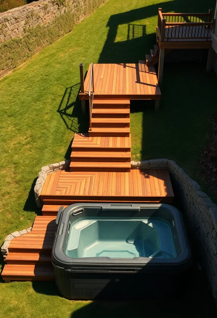 A terraced hillside deck with three staggered levels stepping down a steep backyard slope to a swim spa at the lowest terrace