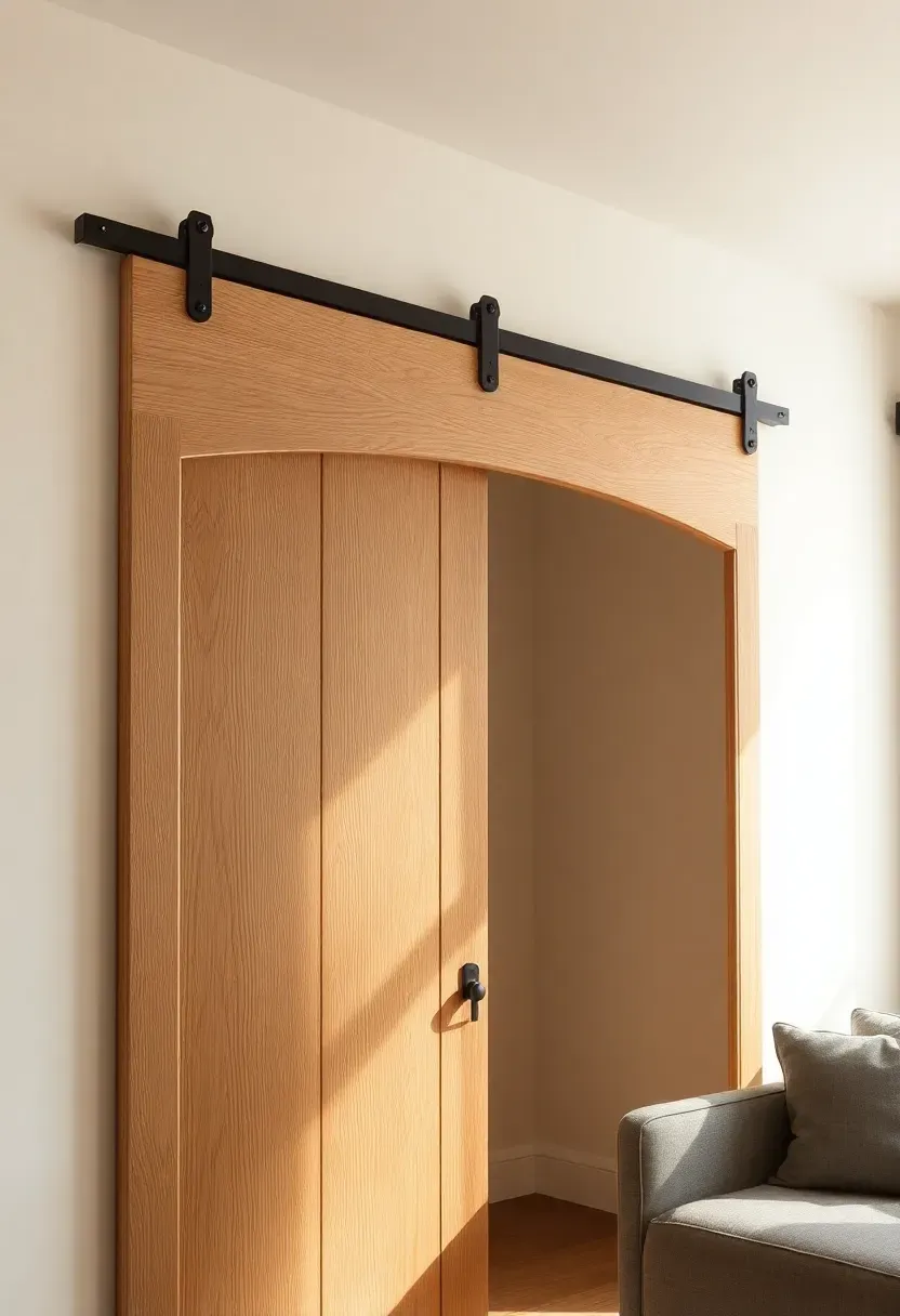 Arched top barn door in white oak with a curved upper rail on a ceiling-mounted track covering a bedroom closet