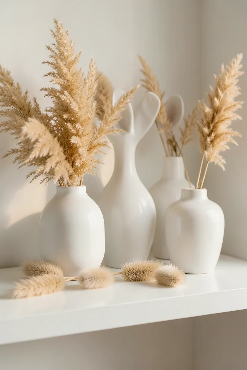 White ceramic vases with dried pampas grass on a floating shelf in a Japandi bedroom