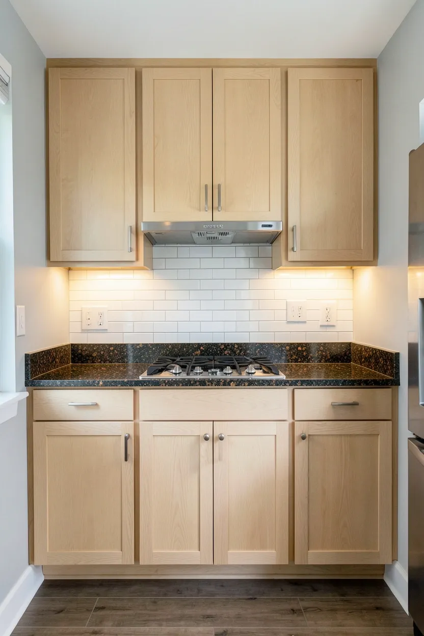 Light maple kitchen cabinets with dark granite countertops creating sophisticated high-contrast kitchen design