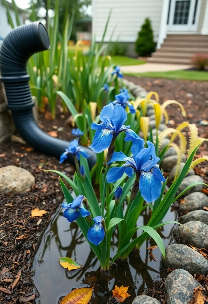 A rain garden depression planted with native sedges, irises, and ferns catching runoff from a downspout in a suburban backyard