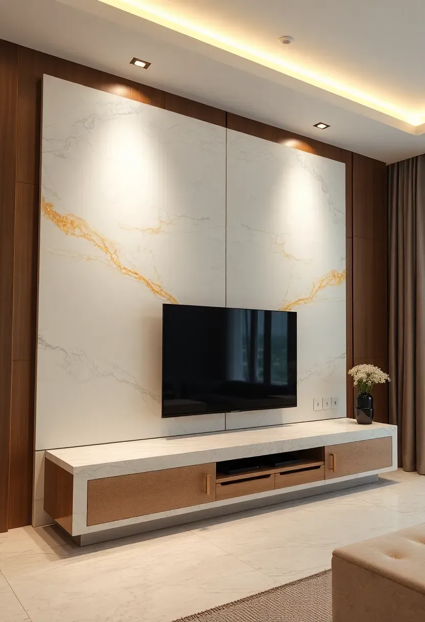 Luxurious living room with large format white and grey marble-look porcelain slab panels behind a mounted TV with subtle veining and warm downlighting
