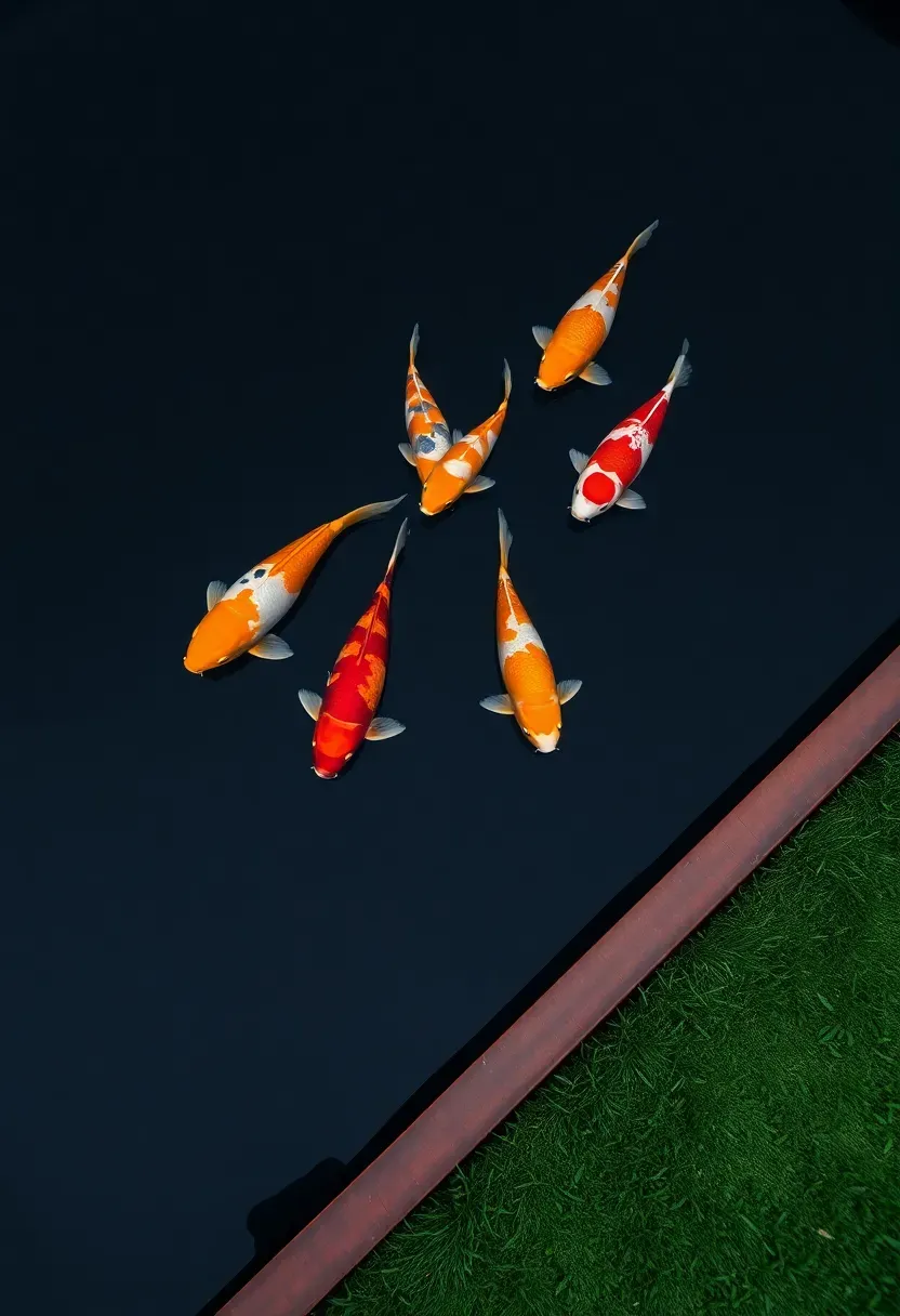 Minimalist koi pond with a smooth black liner, clean edges, and brightly colored koi visible against the dark water