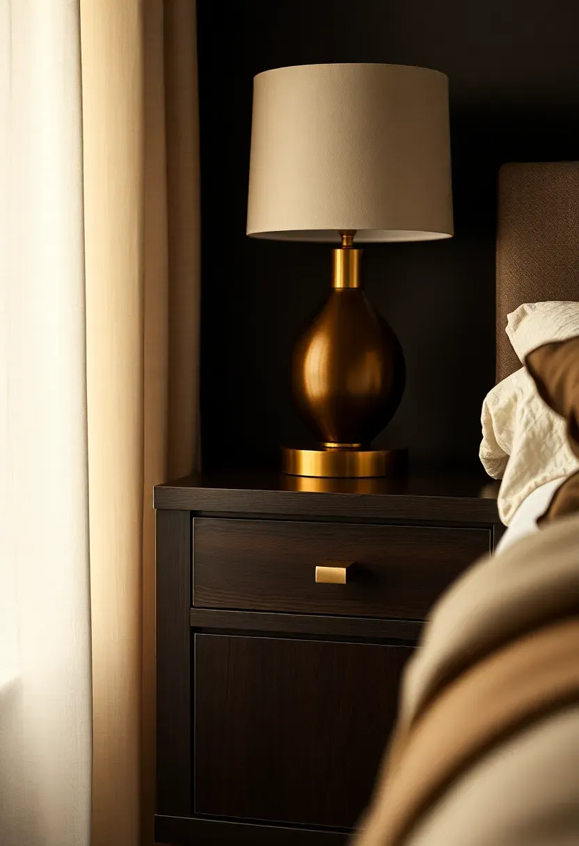 Ebony nightstands with warm brass pulls