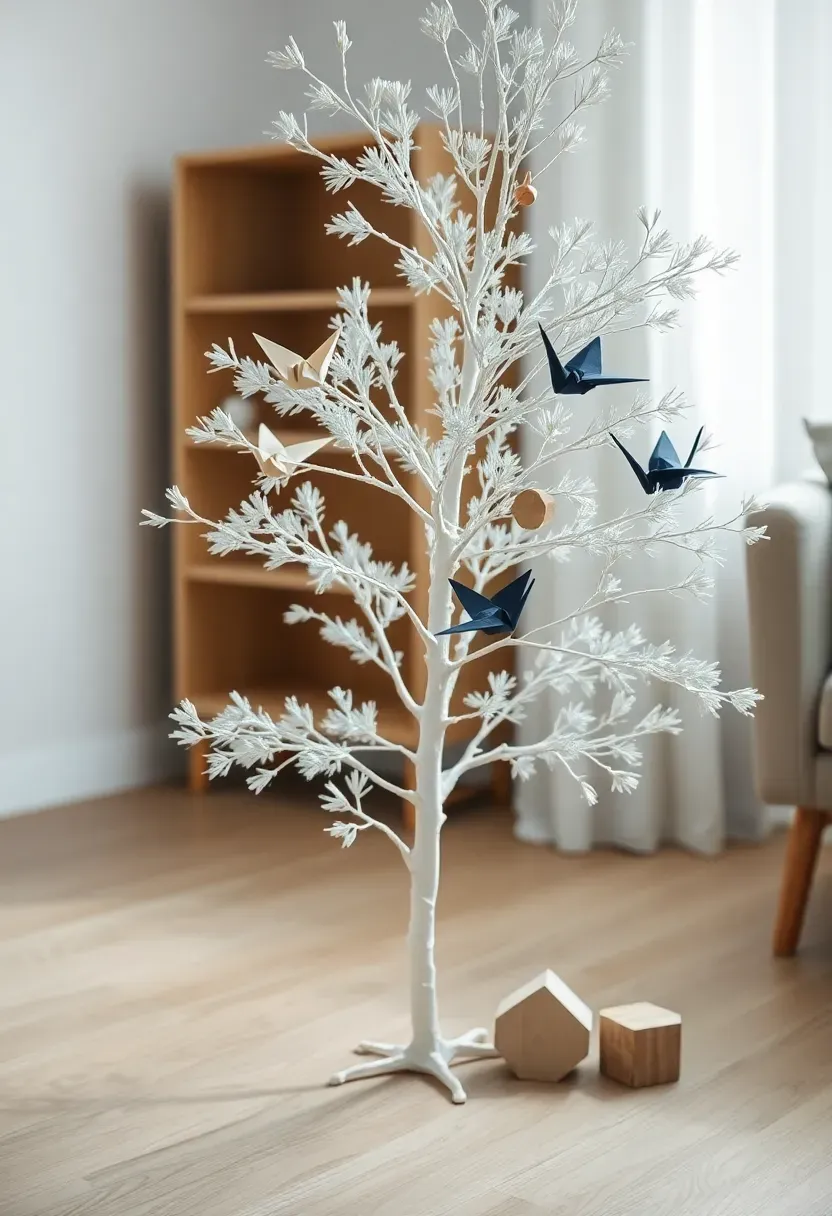 Hyper-realistic 3/4 view of a minimalist white tree with carefully placed origami paper cranes in cream, charcoal, and indigo, plus simple wooden geometric ornaments. Materials: matte origami paper, light wood, white artificial pine branches. Soft diffused light (4500K), creating gentle shadows and minimal contrast on light oak floor. Japandi mood, shallow depth of field with paper fold details sharp, visible room context with low-profile furniture and neutral palette. No text, no logos, no watermarks.</p>
