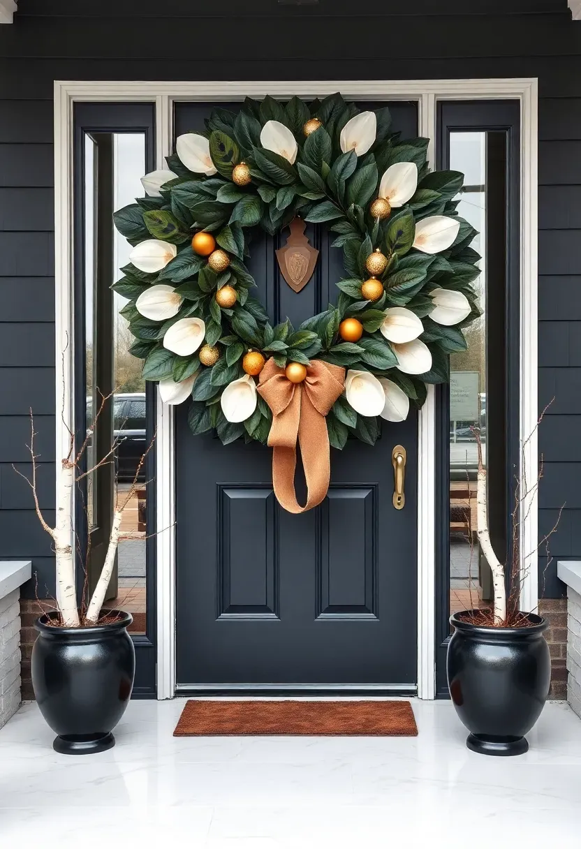 Hyper-realistic 3/4 view of an oversized statement wreath front porch Christmas display. Materials: massive 42-inch wreath on a black front door featuring glossy magnolia leaves, real peacock feathers, gold vintage-style ornaments, and wide velvet ribbon. Two simple black urn planters with single white birch logs flanking the door. Bright overcast winter daylight (6000K), white marble porch flooring, modern home with charcoal exterior and glass-paneled door. Bold contemporary mood like high-end floral shop. Shallow depth of field, sharp details on magnolia sheen and feather iridescence, focal-point composition. No text, no logos, no watermarks.</p>