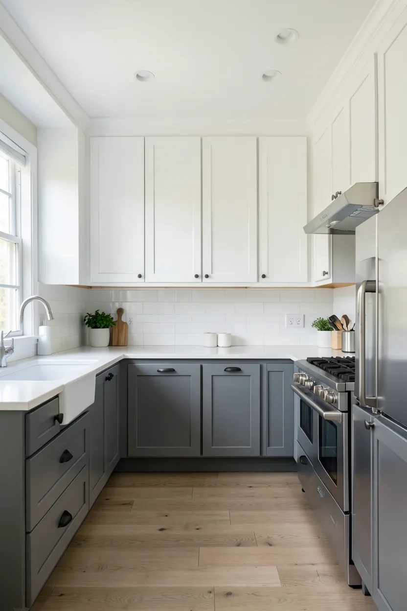 Two-tone kitchen with white upper cabinets and charcoal gray lower cabinets arranged for visual rhythm in a modern open-plan space
