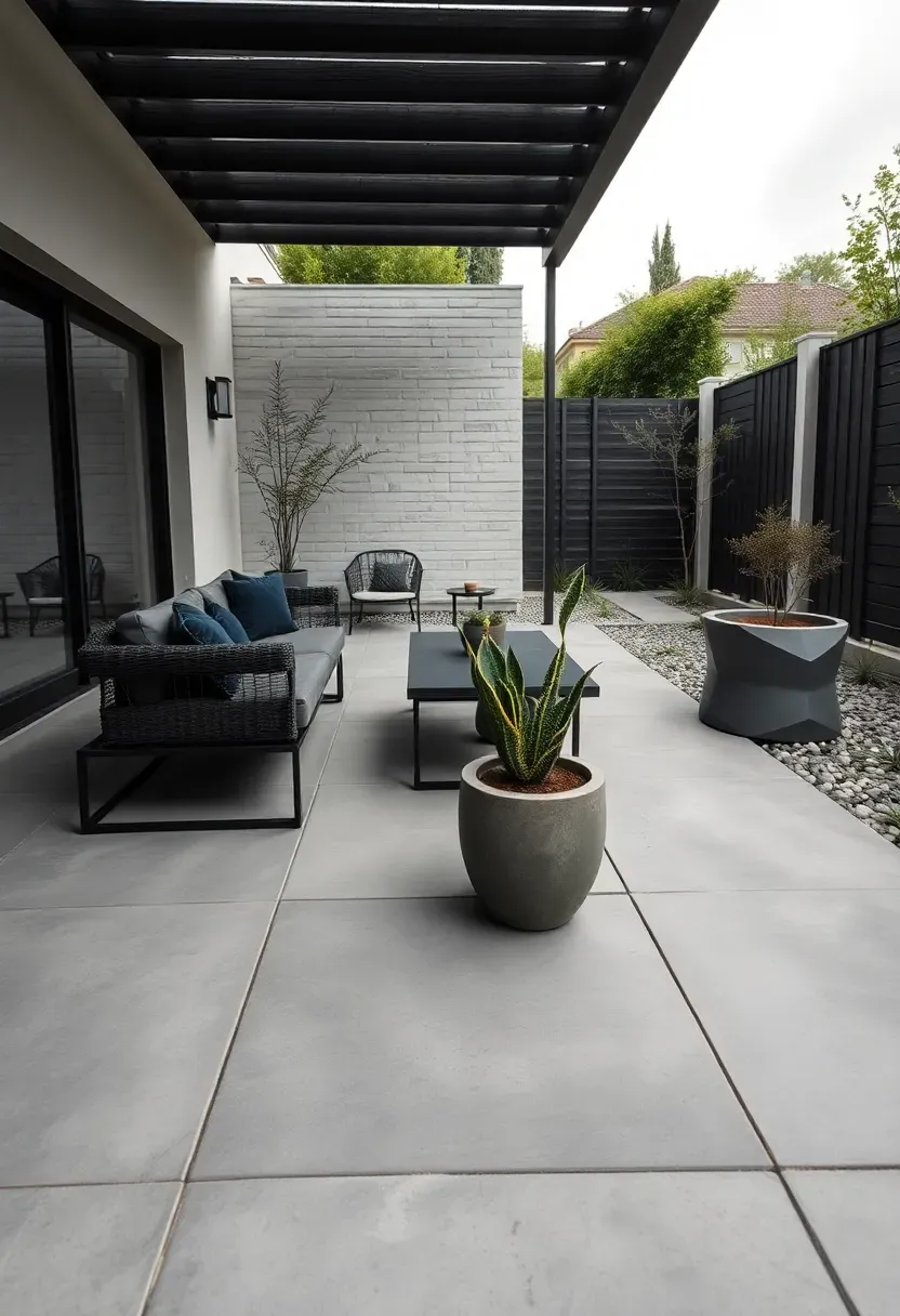 Large format gray concrete slab pavers on a modern backyard patio with minimalist furniture