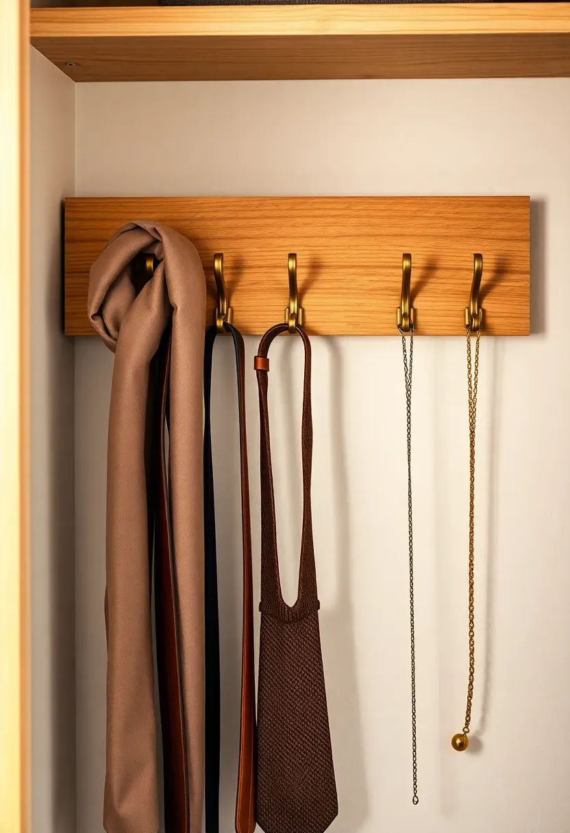 Wall-mounted wooden hook rail inside a closet with brass hooks holding scarves, belts, and necklaces in an organized row