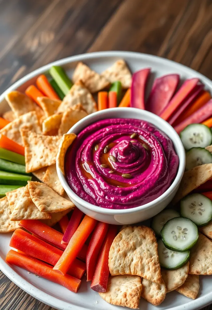 vibrant pink beet hummus served in a bowl with pita chips, vegetable sticks, and a drizzle of olive oil on a platter