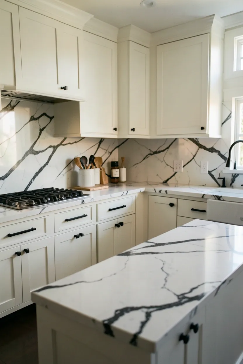 Black and white hexagon tile kitchen floor with alternating pattern, white cabinets and light walls creating a graphic monochrome foundation