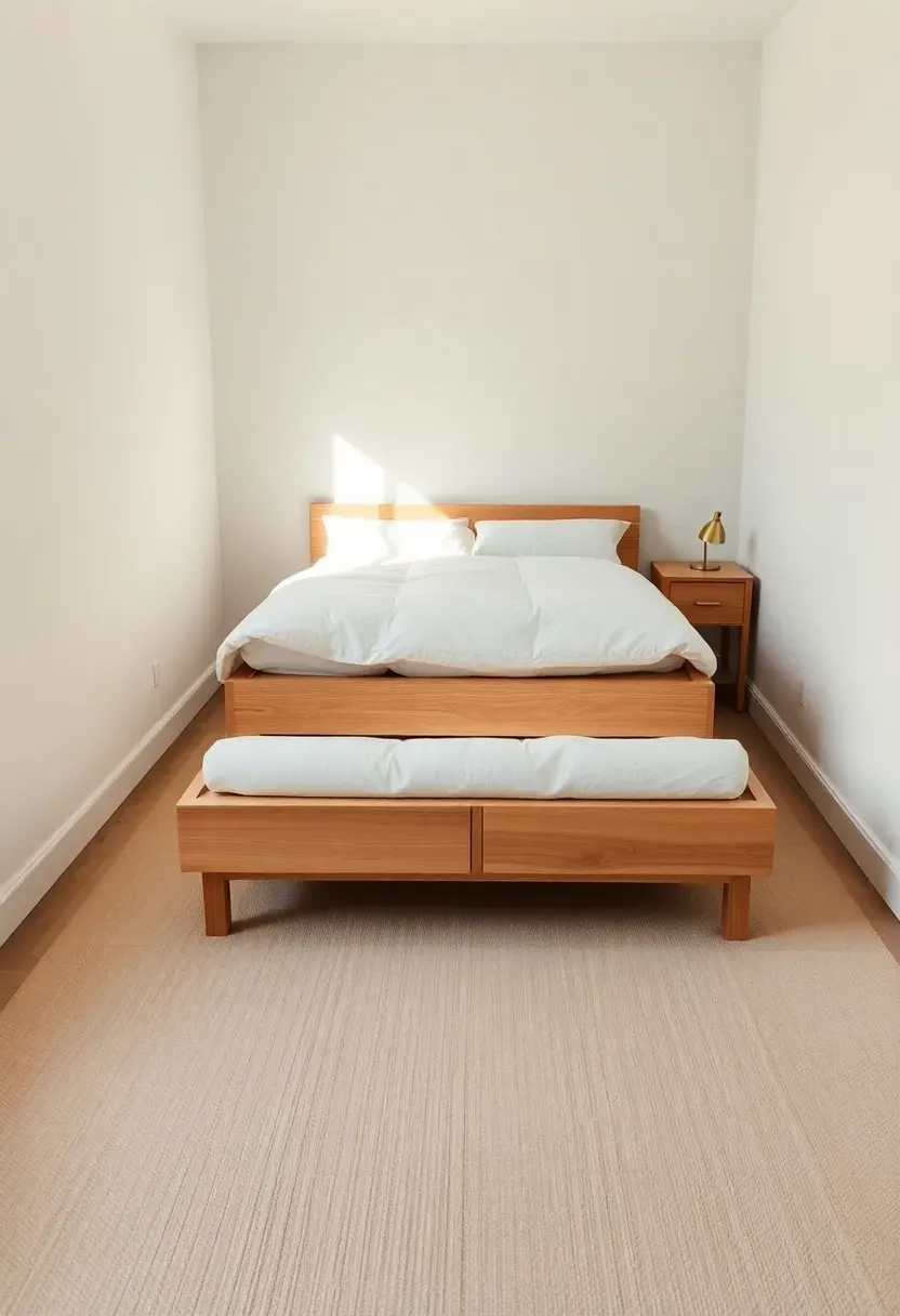 Small bedroom with bed centered on the main wall, clear walkway on both sides, and low-profile nightstands keeping the floor zone open