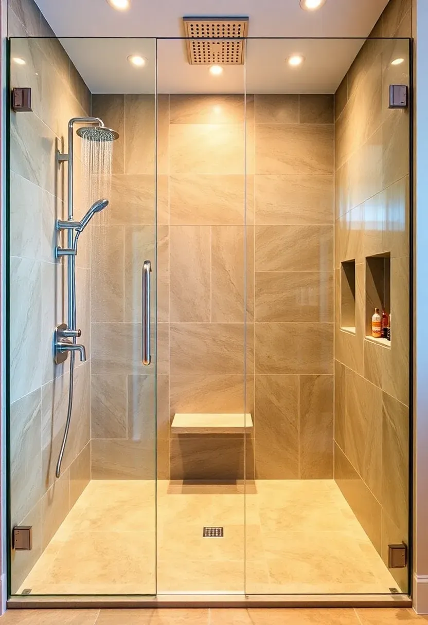 Frameless glass walk-in shower with rainfall showerhead and neutral stone tile walls in a modern bathroom