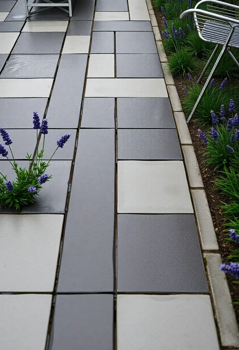 A modern backyard with permeable interlocking pavers in a charcoal and light grey pattern, rain puddles draining through the joints, and low border plantings of lavender