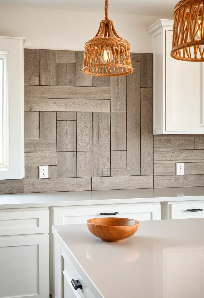 reclaimed weathered wood plank backsplash with natural gray patina in a white coastal kitchen with rope pendant lights
