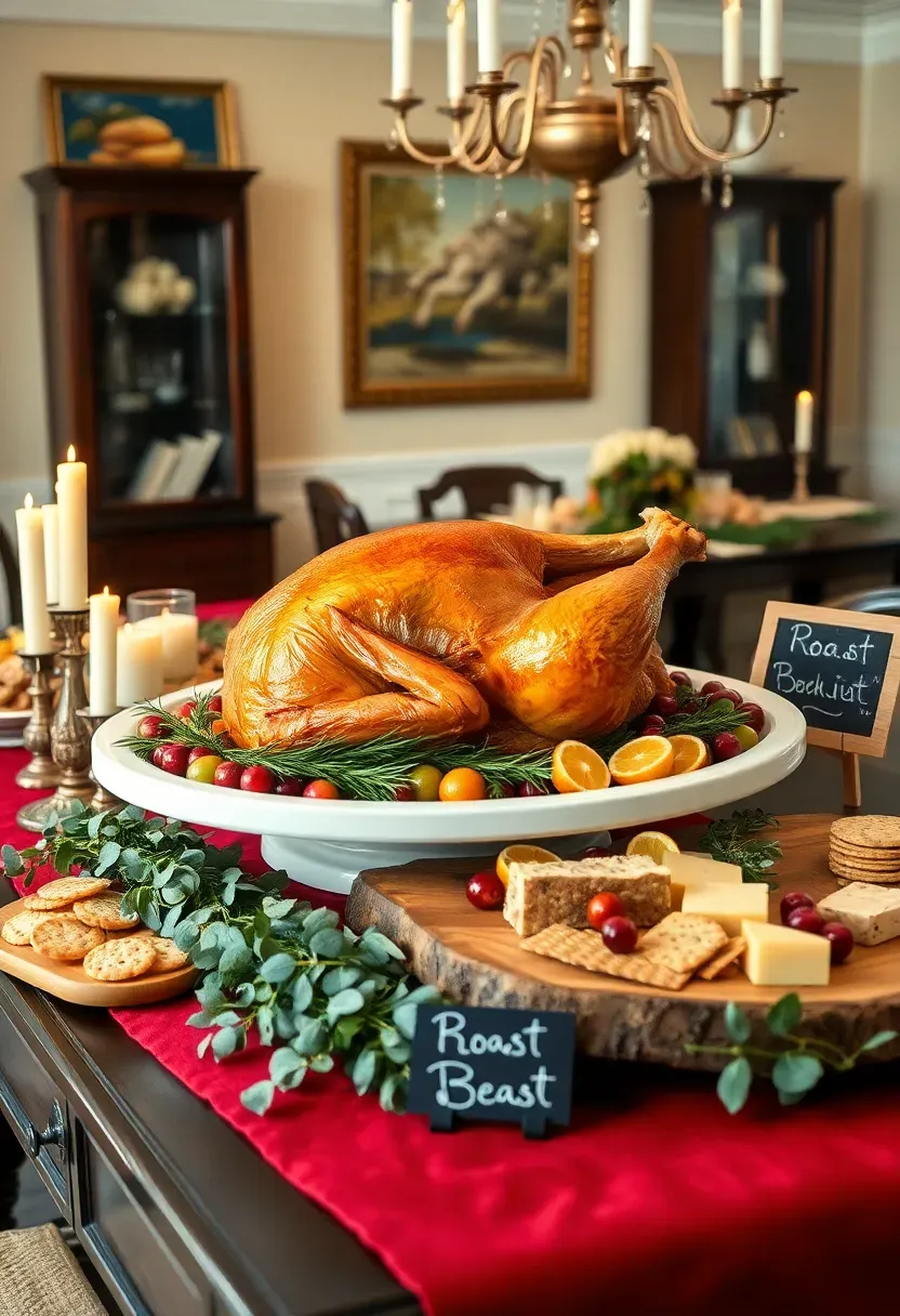 Hyper-realistic wide shot of a buffet table in dining room with large white platter featuring perfectly roasted whole turkey with golden brown skin, surrounded by fresh rosemary sprigs, fresh cranberries, and citrus slices, rustic wooden board with assorted cheeses and crackers nearby, small chalkboard stand reading 