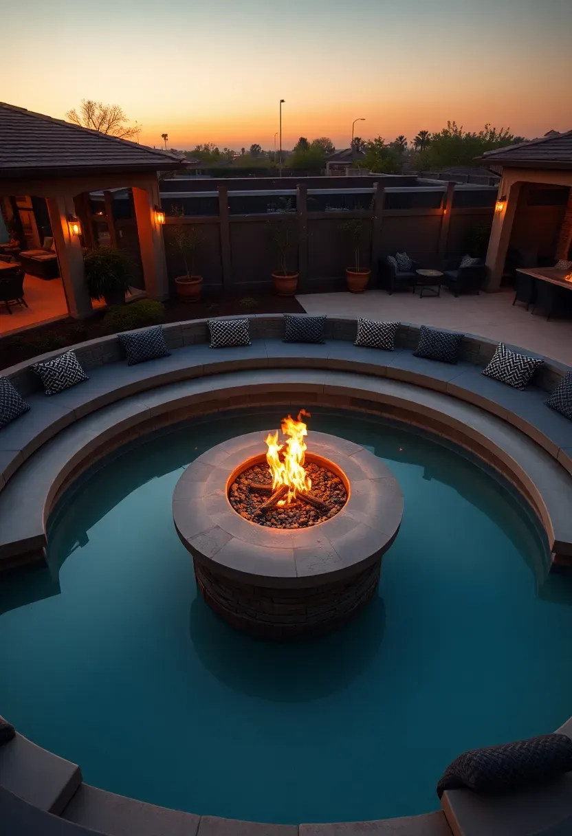 Sunken conversation pool with built-in seating and fire pit at center