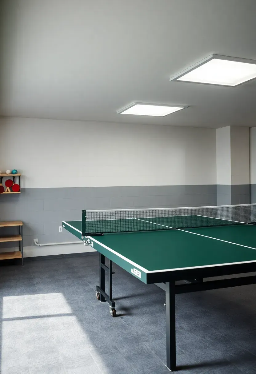 basement table tennis setup with regulation green table and white lines under bright flat panel ceiling lights