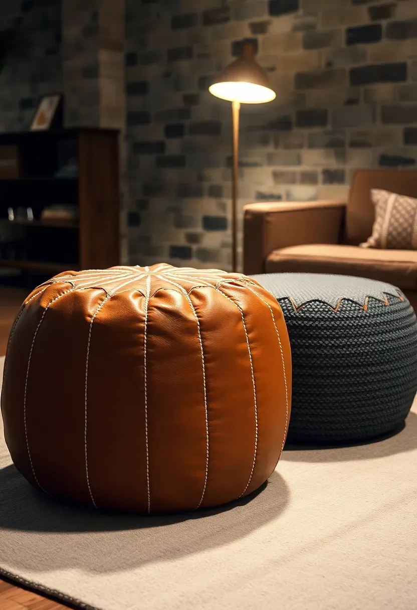 Moroccan leather pouf in camel brown and a woven pouf in charcoal placed beside a low coffee table in a basement lounge