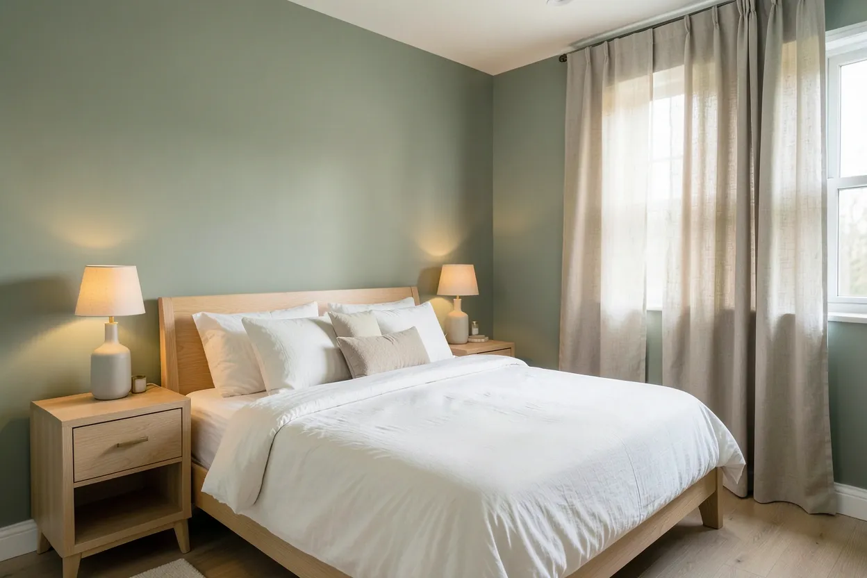 Sage green bedroom with linen duvet, warm wood nightstand, and soft layered lighting for a calm rental space