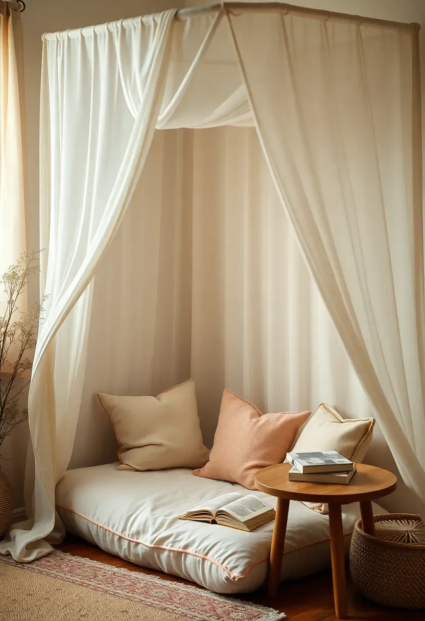 DIY canopy reading nook in a teen bedroom corner with floor cushions, fairy lights, and draped sheer fabric creating a cozy retreat