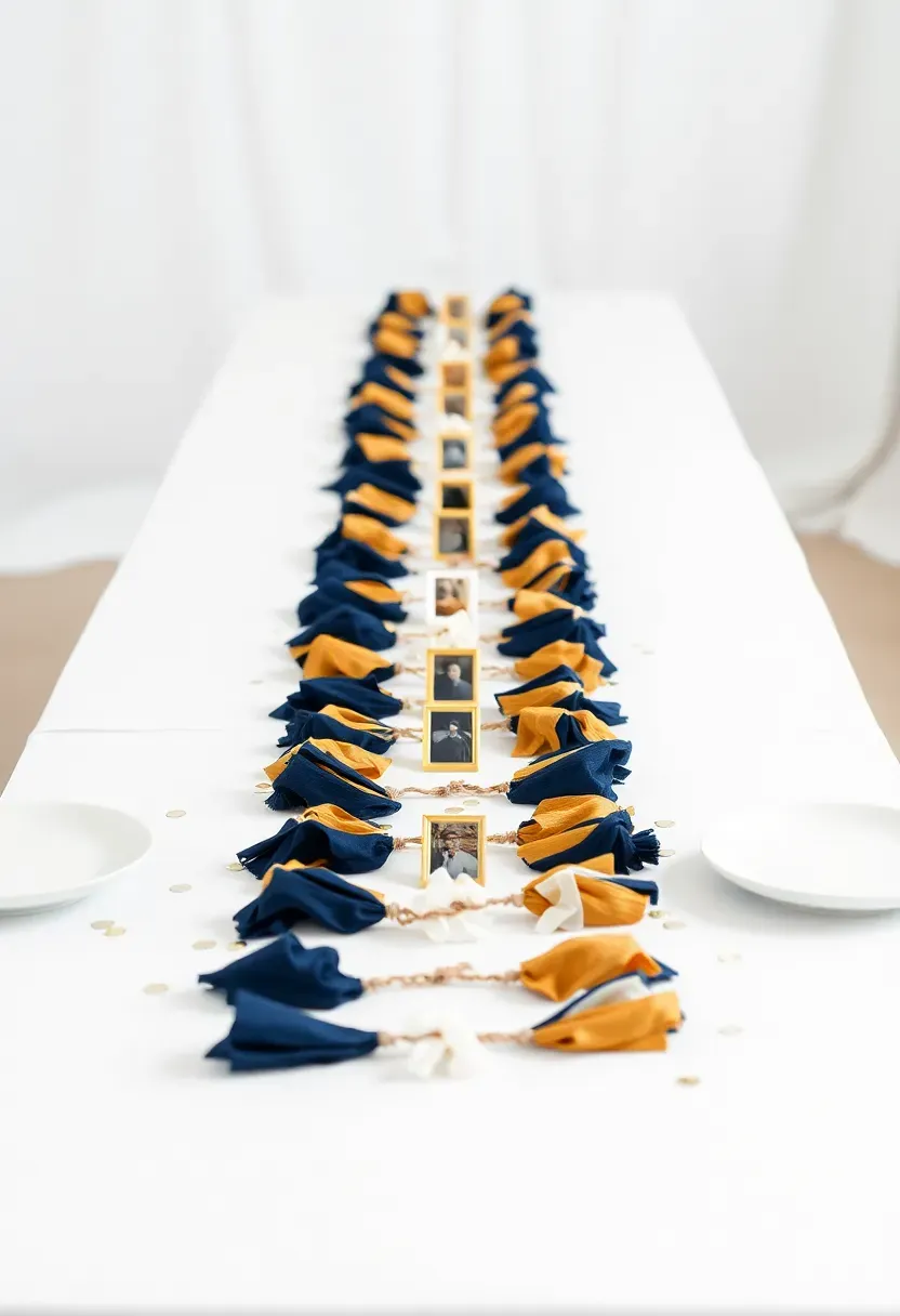 Colorful tassel garland draped across the center of a long graduation party table as a runner