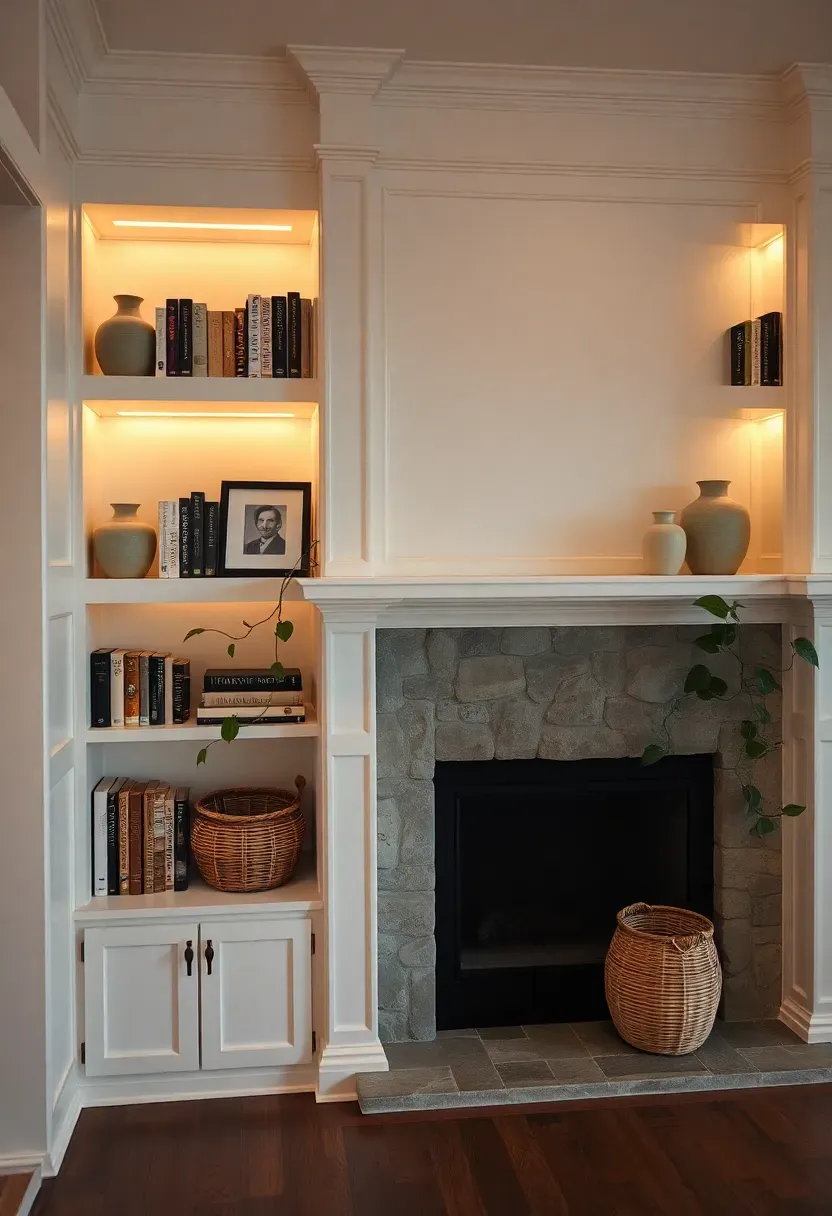 Floor-to-ceiling built-in shelving flanking a fireplace with books, art objects, and integrated lighting