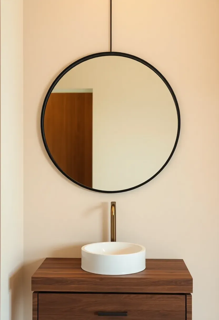 round black framed bathroom mirror above floating wood vanity