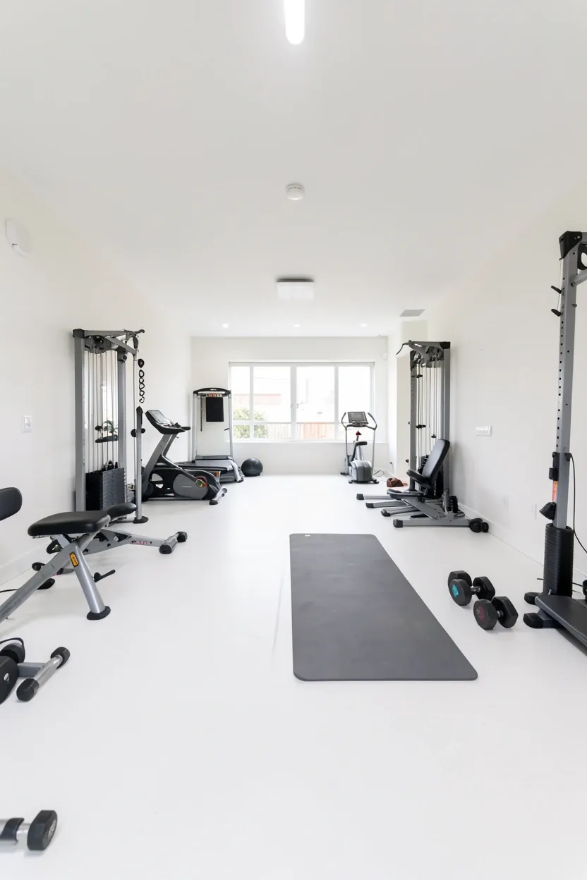 Minimal small gym room with over 50% of floor left open and clear — equipment arranged along walls, rubber flooring visible for bodyweight exercise