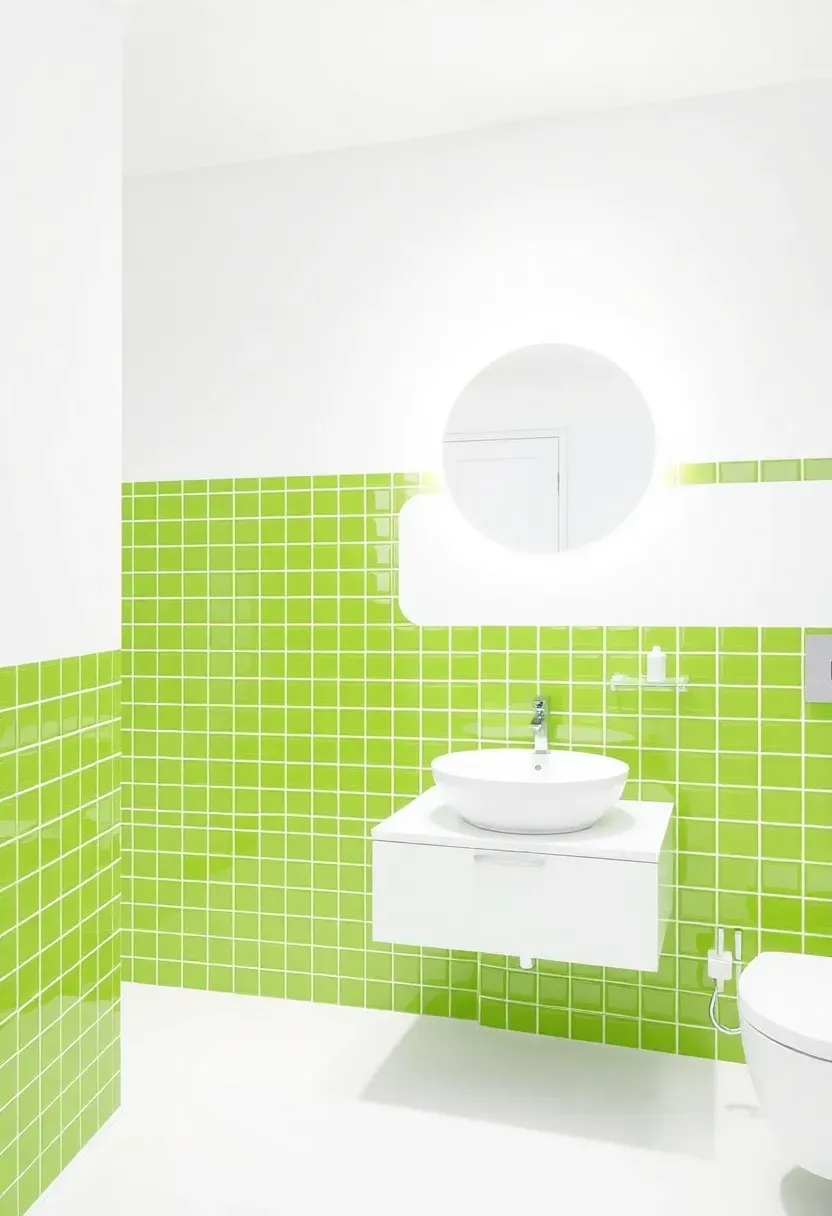Mostly white bathroom with one wall of bright lime green tile, modern floating vanity, and round LED mirror
