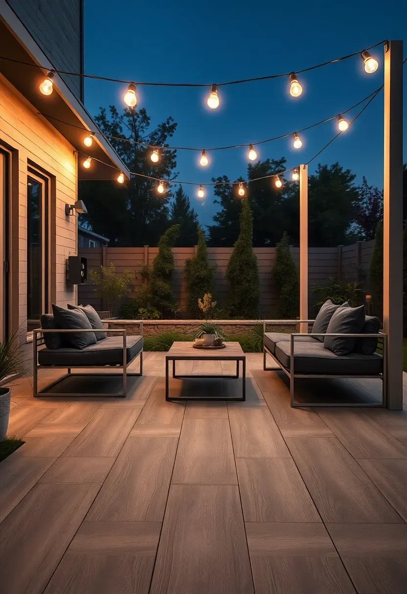 Modern outdoor porcelain tile flooring on a backyard patio with sleek furniture and string lights overhead