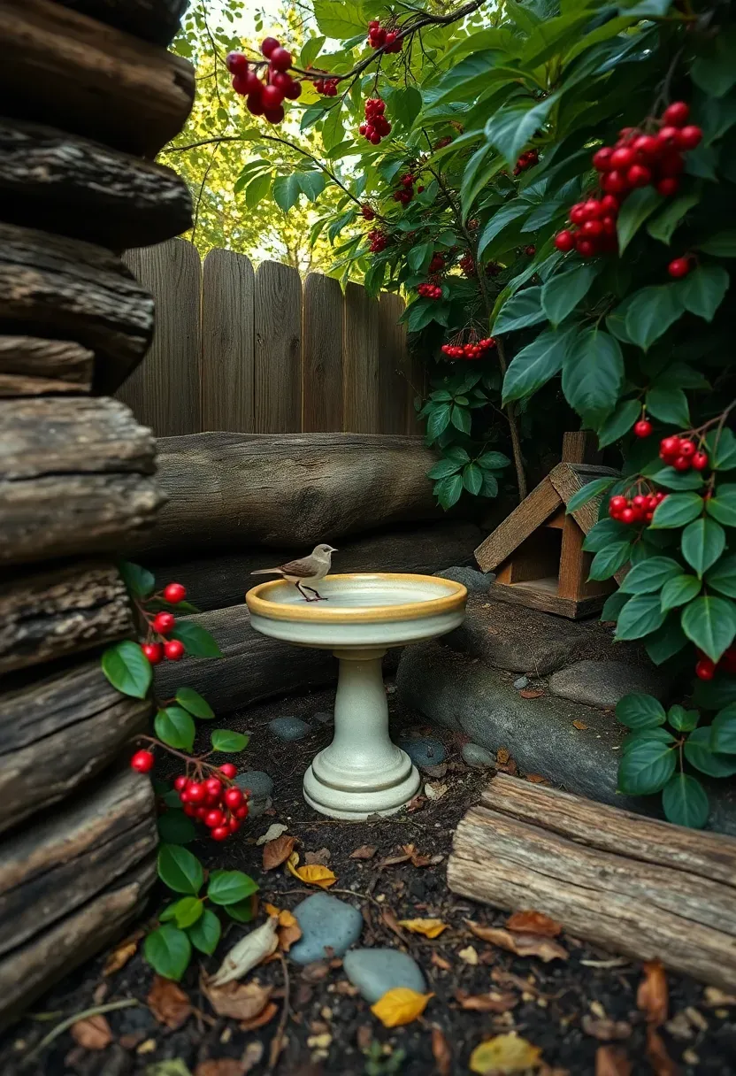 Backyard wildlife habitat garden corner with log pile shelter, native berry shrubs, ceramic birdbath, and hedgehog house under leaf cover