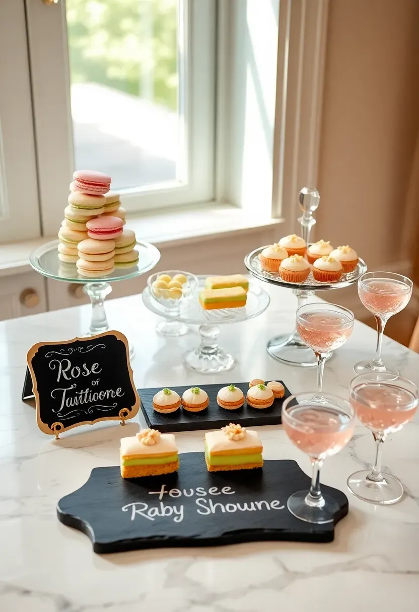 Parisian baby shower patisserie table with pastel macarons petit fours and a tiered cake