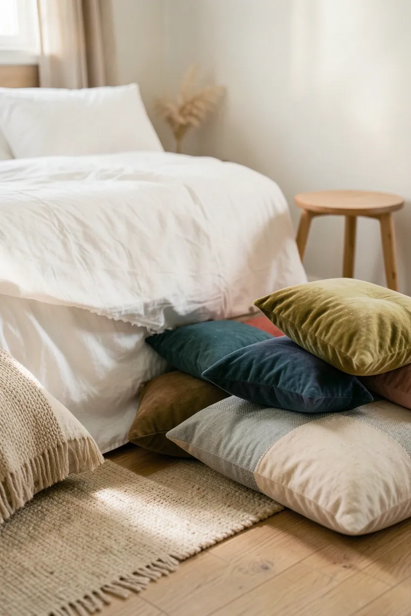 Boho bedroom reading nook corner with stacked floor pillows in velvet and linen, small low table, and natural light from a nearby window