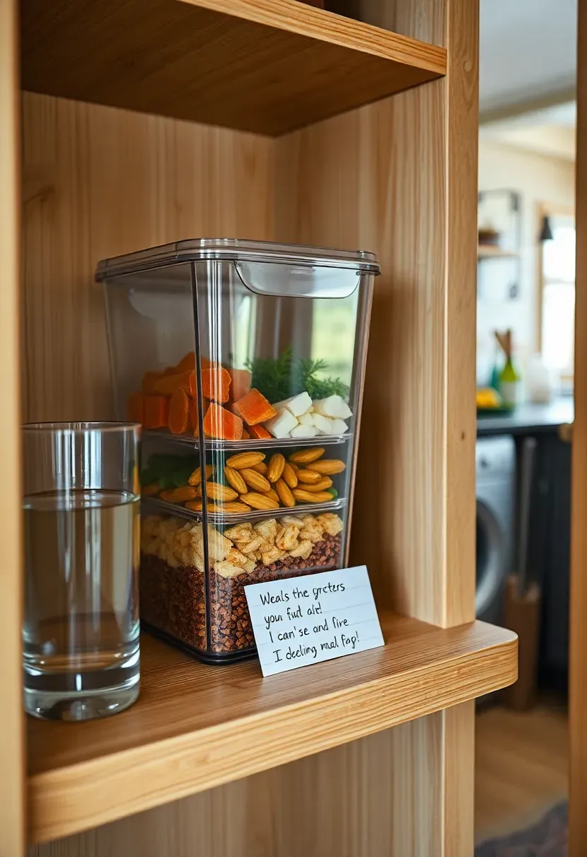 Pantry shelf with a large clear acrylic meal-prep container with separate compartments holding pre-portioned ingredients, a handwritten weekly meal plan card resting against the shelf wall beside it