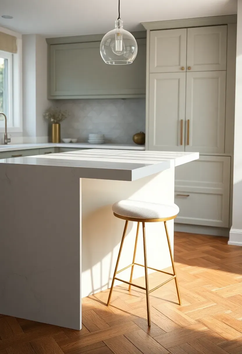 Narrow kitchen island with a white quartz waterfall edge extending to the floor, two slim brass-legged bar stools, and pendant lights above in a compact kitchen