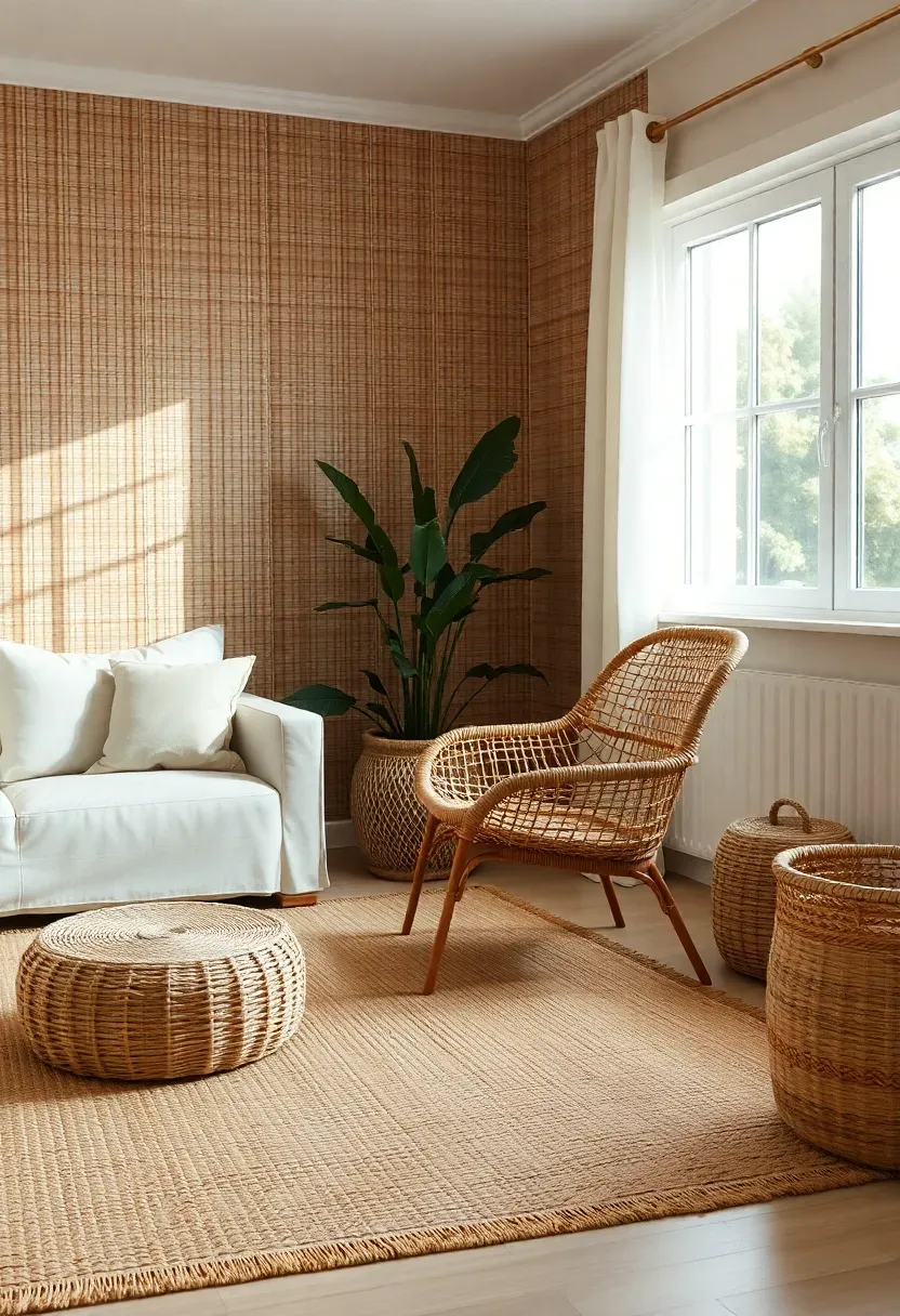 Hyper-realistic 3/4 view of minimalist living room featuring woven grasscloth wallpaper in neutral tan, large seagrass rug, cane-back chair, rattan side table, jute storage basket. All elements showcasing woven textures in neutral palette. Cream linen sofa, light wood floor. Materials: grasscloth wallpaper, seagrass weaving, cane webbing, rattan poles, jute fiber, linen upholstery. Natural light from window, woven textures creating subtle shadow patterns. Cohesive woven language. Sharp details on various weave scales. No text, no logos, no watermarks.</p>