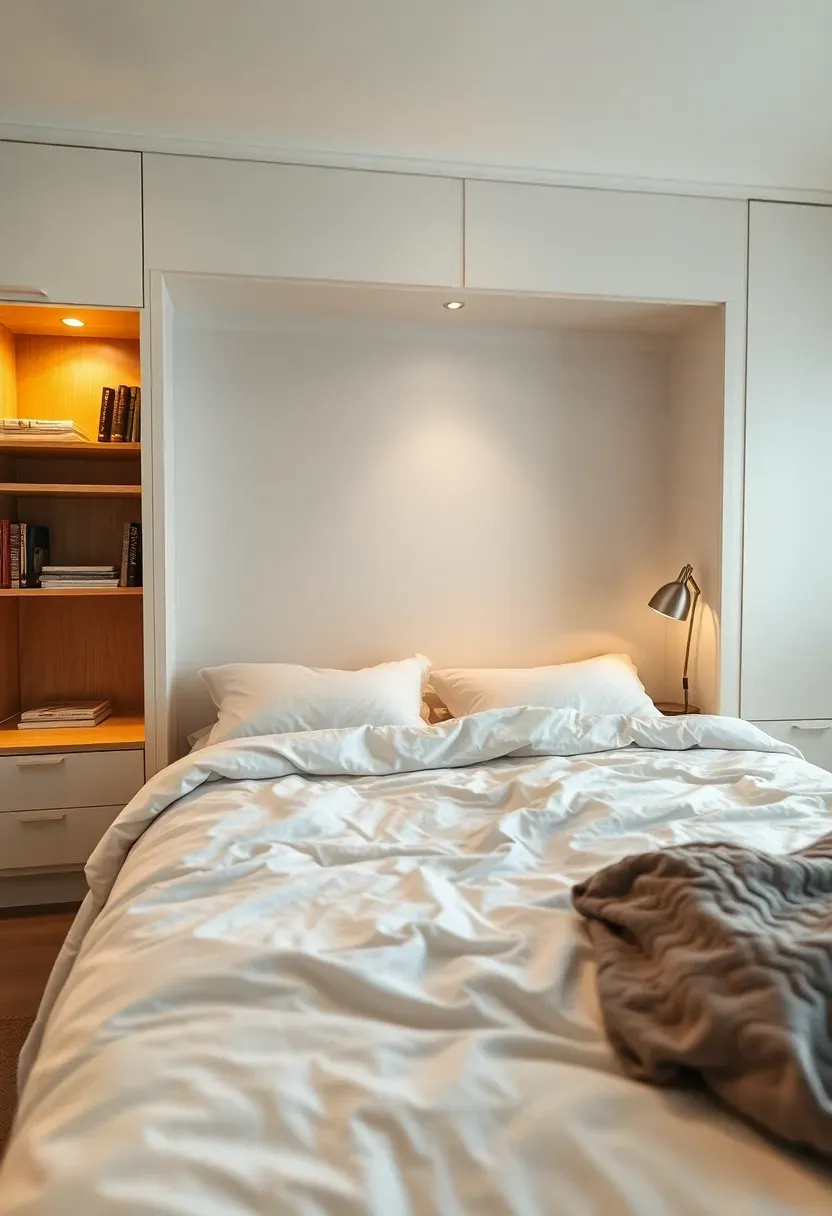 Murphy bed folded down in a basement apartment studio showing a queen mattress, side shelving, and a reading lamp